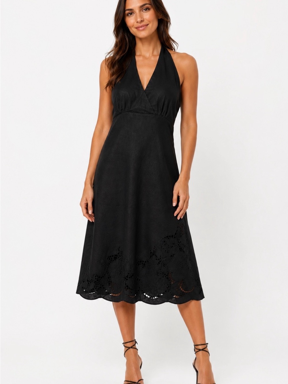 Ann Taylor Black Linen Lined Halter Backless Dress with Floral Embroidery